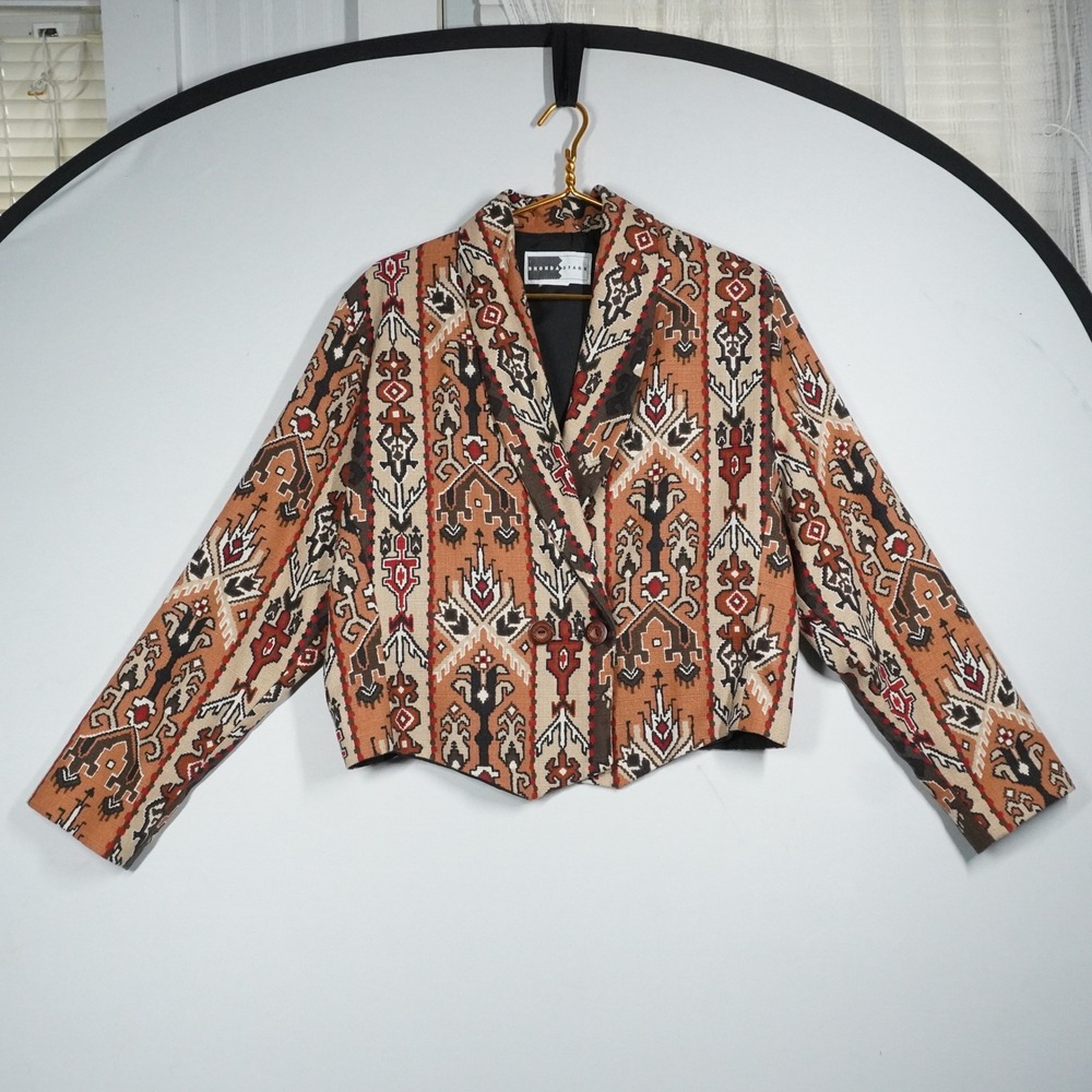 VTG 90s Rhonda Stark Southwestern Tapestry Cropped Jacket Rust Tan L Western